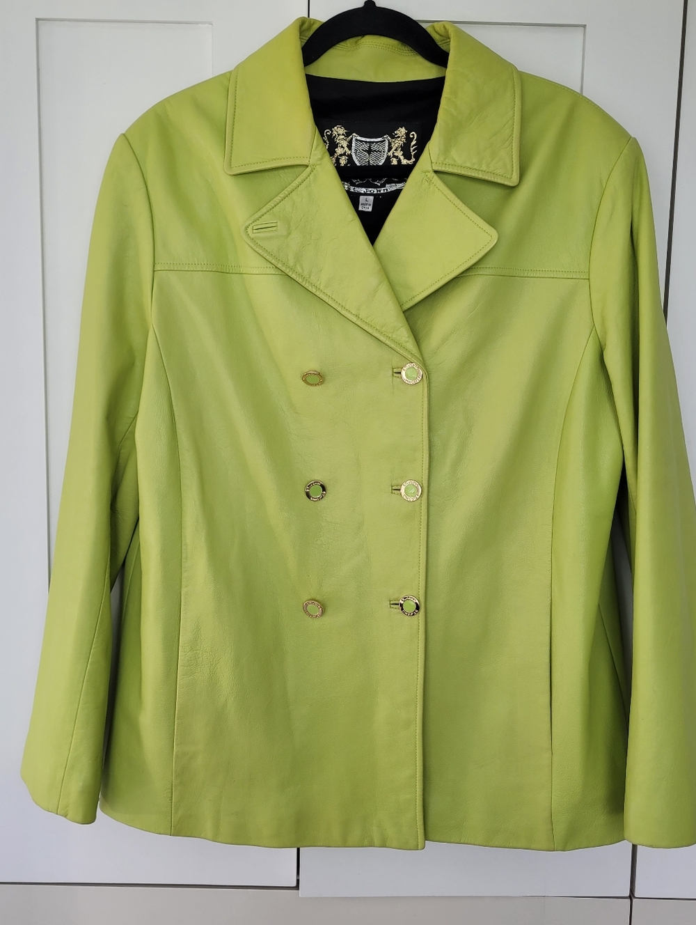 St. John Lime Green Double-Breasted 100% Leather Pea Coat